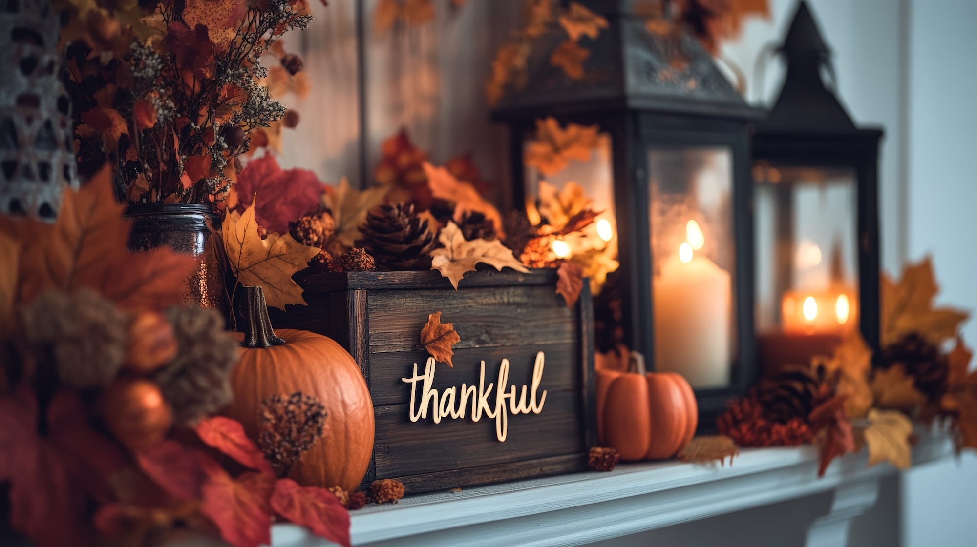 Cozy autumn decor with pumpkins, lanterns, and fall leaves Autumn-themed mantel with pumpkins, pinecones, candles, and a wooden box labeled "thankful," surrounded by fall leaves and lanterns.