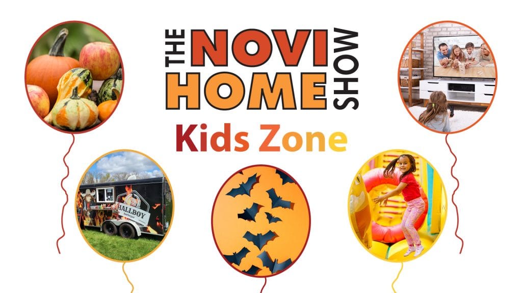 NHS Fall 24 - Kids Zone The Novi Home Show Kids Zone logo with balloons featuring fall gourds, a food truck, black bats, kids playing, and a girl on an inflatable slide.