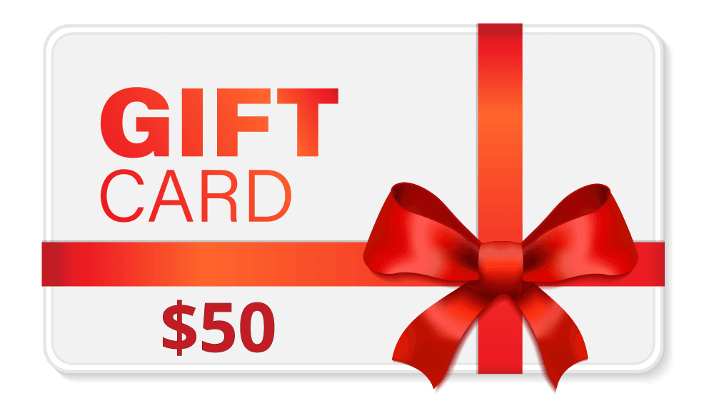 50-gift-card A $50 gift card with a large red ribbon and bow on a white background. The words "GIFT CARD" are printed in red and orange gradient text.