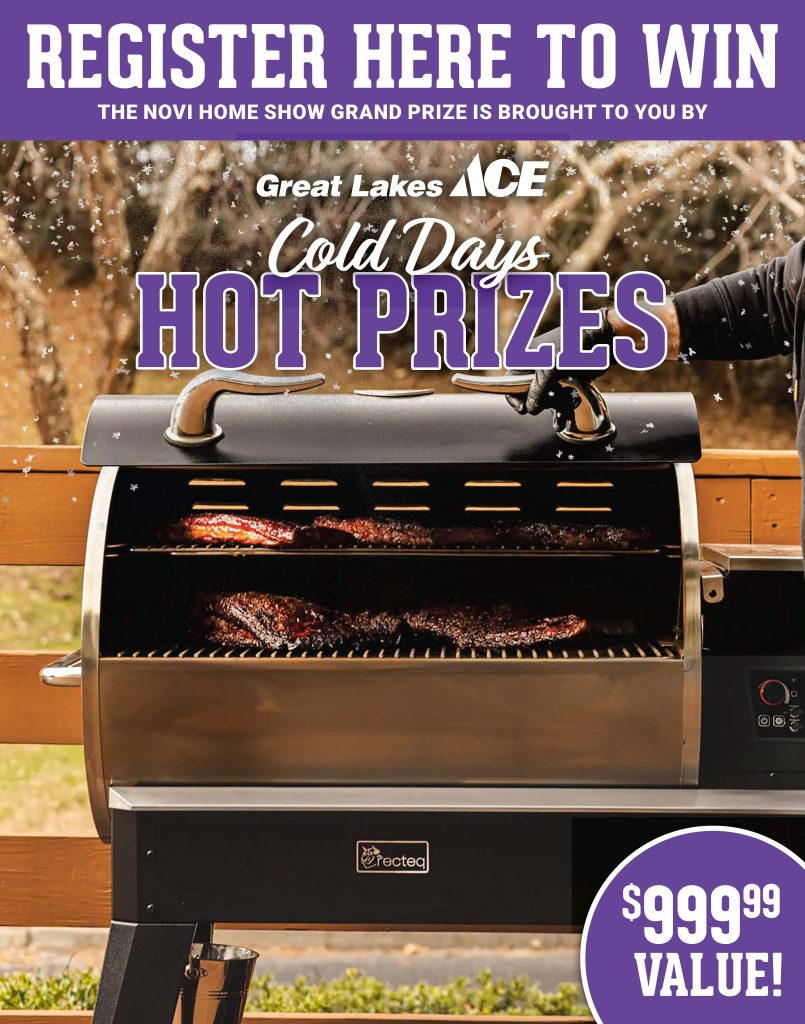 NHS Winter 26 GLA giveaway A person lifts the lid of a large backyard grill filled with ribs; promotional text advertises a contest to win a $999.99 grill.