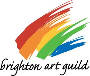 Logo for Brighton Art Guild featuring colorful brushstrokes in red, orange, yellow, green, and blue above the text “brighton art guild” in cursive.