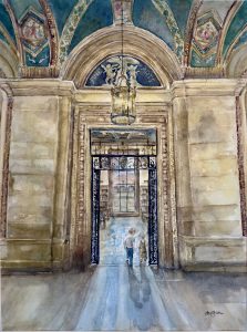 A watercolor painting of two children walking through an ornate archway into a library, with tall stone walls, decorative ceiling, and shelves of books visible inside.