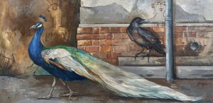 A painting shows a peacock with a long, colorful tail walking past a black crow perched near a brick wall and drainpipe, with faded wall art in the background.