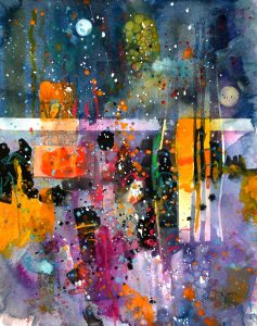 Abstract watercolor painting with vibrant splashes of orange, purple, blue, and white, featuring layered geometric shapes and scattered dots resembling stars or paint splatters.