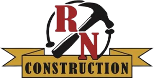 Logo for RN Construction featuring a hammer and nails behind the red letters 