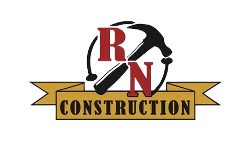 Logo for RN Construction featuring a black hammer behind large red "R" and "N" letters, with a gold banner below displaying the word "CONSTRUCTION" in black text.