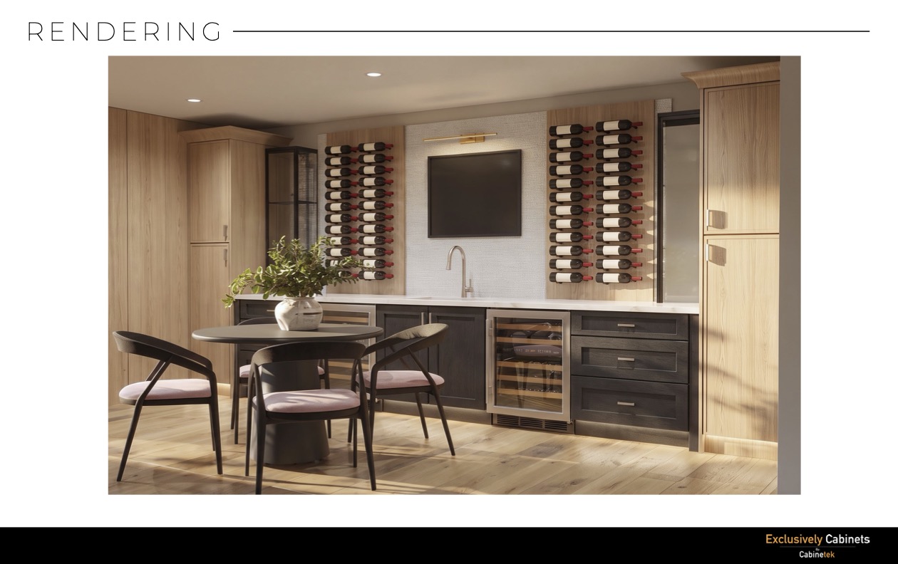 Modern kitchen rendering featuring a round dining table, four chairs, black cabinetry, wall-mounted wine racks, a sink, and built-in appliances on wood floors.