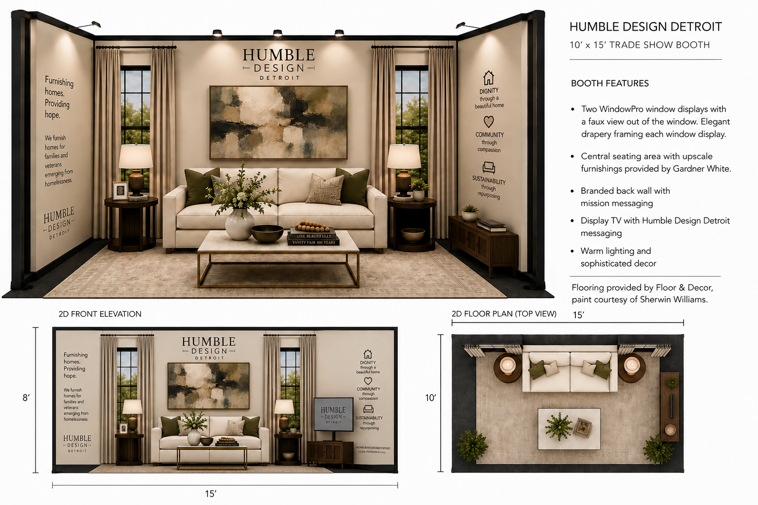 Trade show booth with seating, branded signs, decor, and two TV displays; beige and brown color scheme with plants and framed artwork; floor plan and front elevation included.