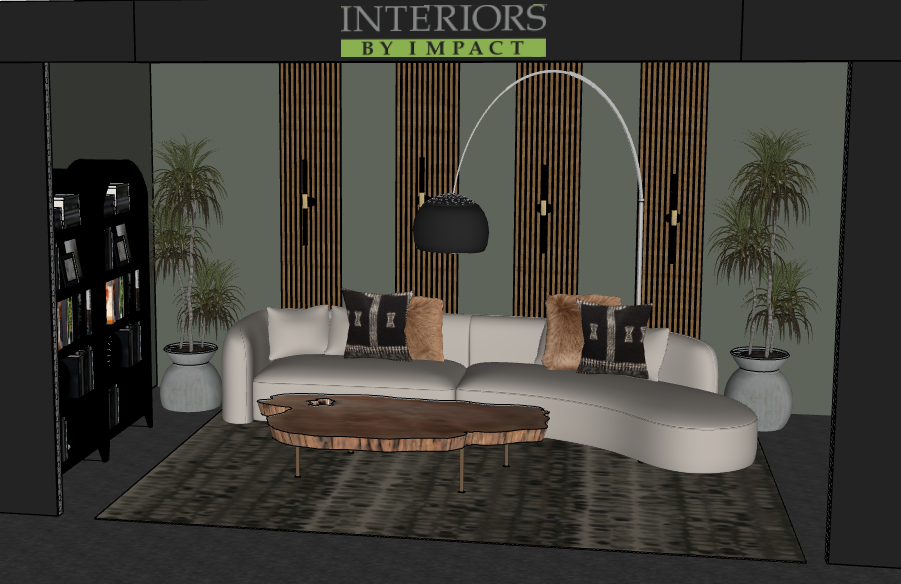 Modern living room with a curved white sofa, wood coffee table, black lamp, bookshelf, two potted plants, and vertical wood wall panels under a sign reading “Interiors by Impact.”.