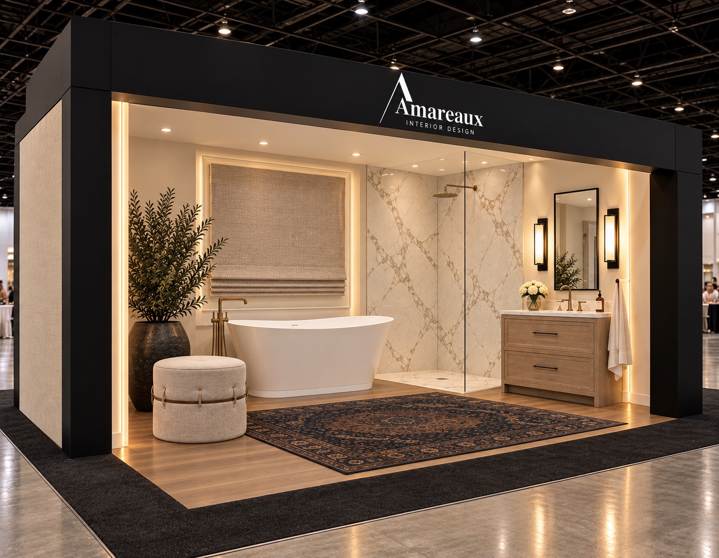 Modern bathroom showroom display with freestanding bathtub, wood vanity, large wall mirror, potted plants, and a patterned rug under spotlights, set in an open exhibition space.