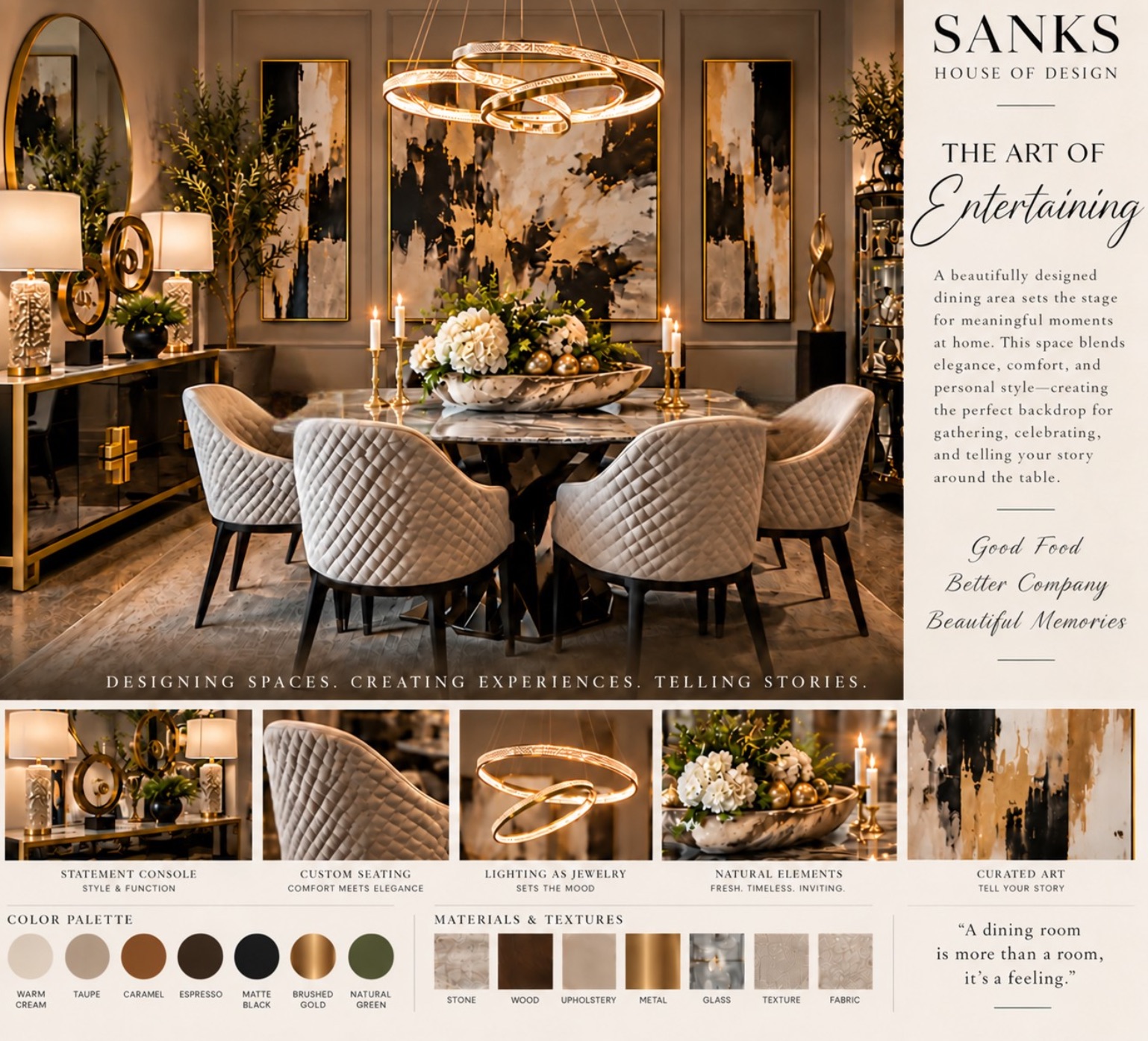 Elegant dining room with a round table, six quilted chairs, abstract art, gold lighting, candles, and decor in neutral and gold tones, showcasing design elements and textures at the bottom.