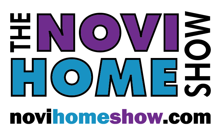 Logo for The Novi Home Show with “NOVI” in purple, “HOME” in blue, and the website novihomeshow.com at the bottom, with “SHOW” displayed vertically.